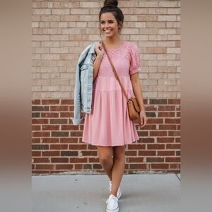 Umgee Eyelet Mixed Media Mini Dress Size Medium Keyhole Back